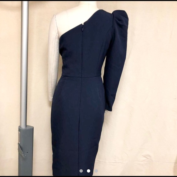 lavish alice puff sleeve asymmetric midi dress in navy - Picture 4 of 8